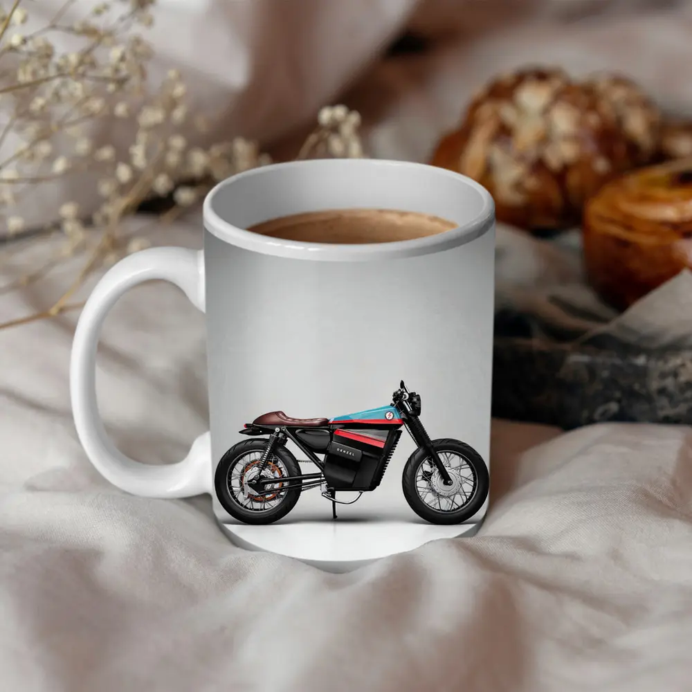 Electric Cafe Racer Motorcycle Gray Studio Background – Mugs