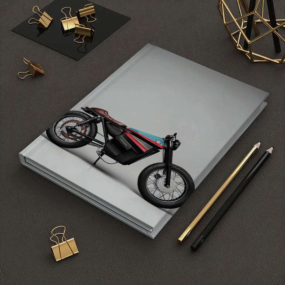 Electric Cafe Racer Motorcycle Gray Studio Background – Notebooks