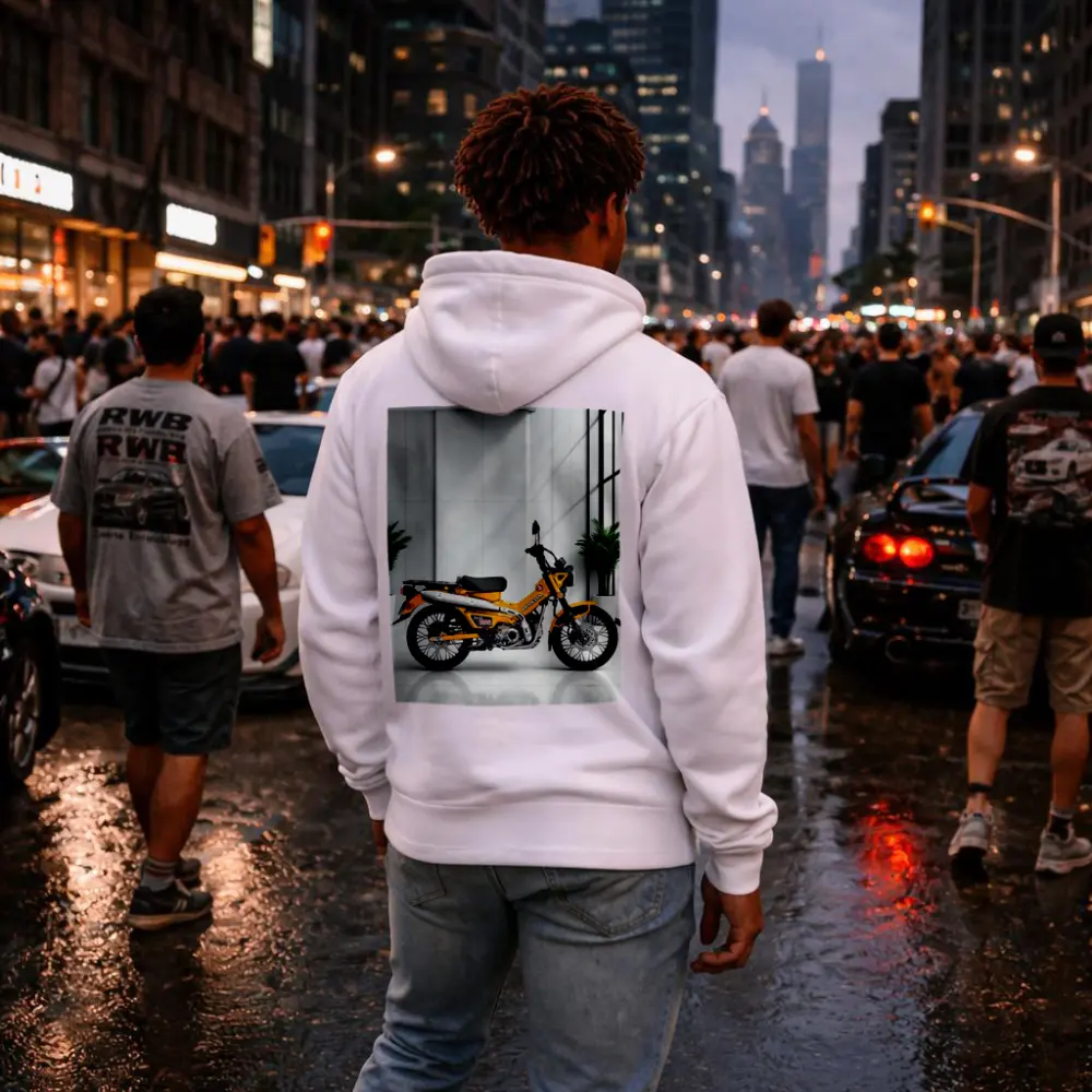 Honda Trail CT125 Orange Motorcycle White Studio – Hoodies