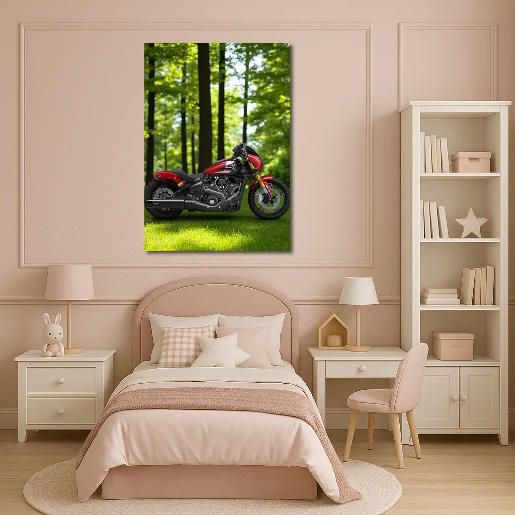 Red Indian Motorcycle Parked Among Green Trees – Wall Art