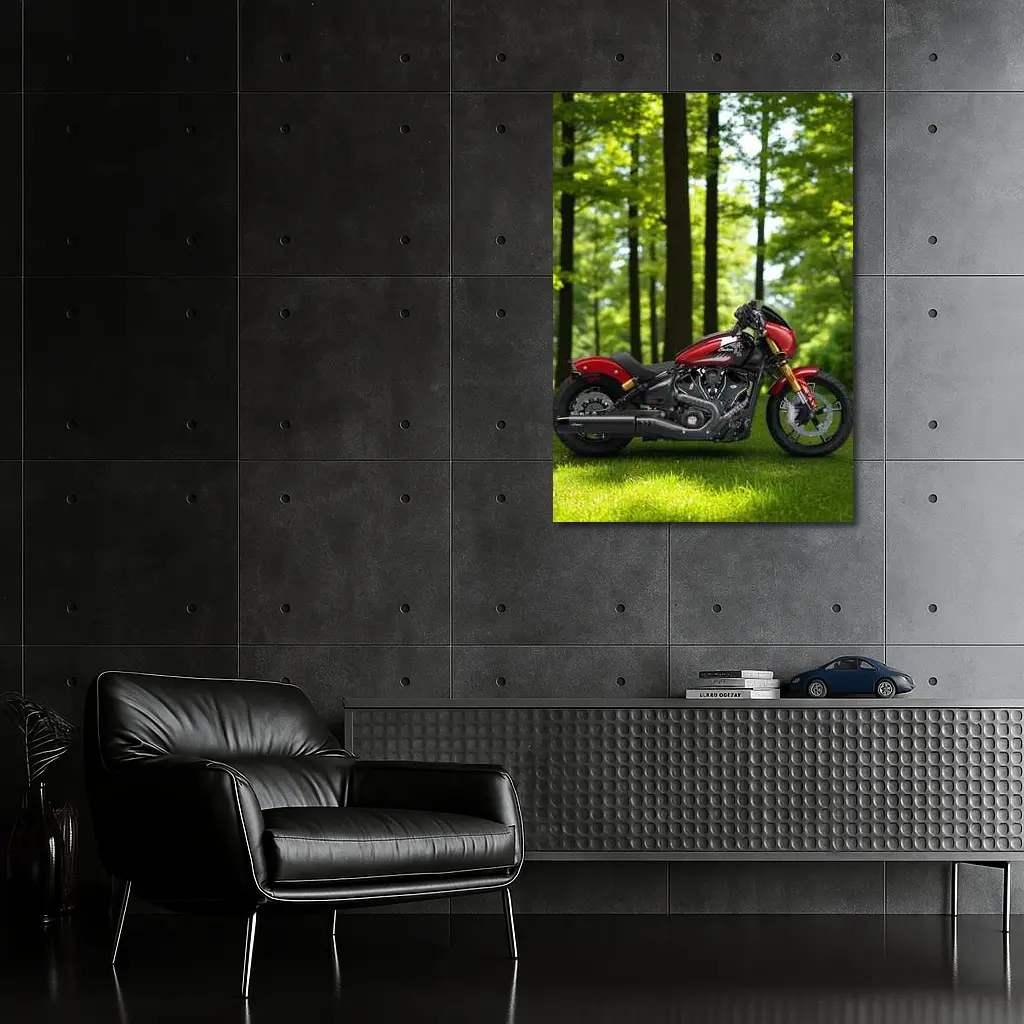 Red Indian Motorcycle Parked Among Green Trees – Wall Art