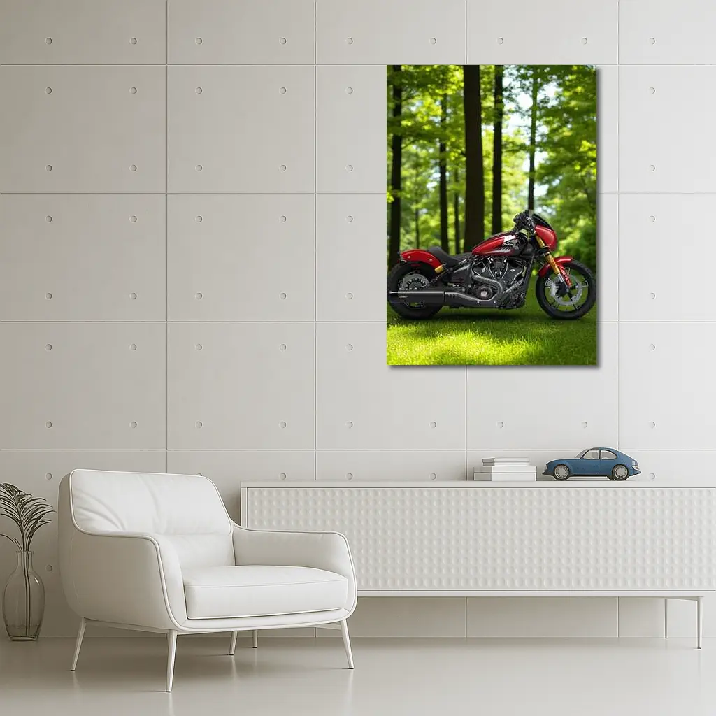 Red Indian Motorcycle Parked Among Green Trees – Wall Art