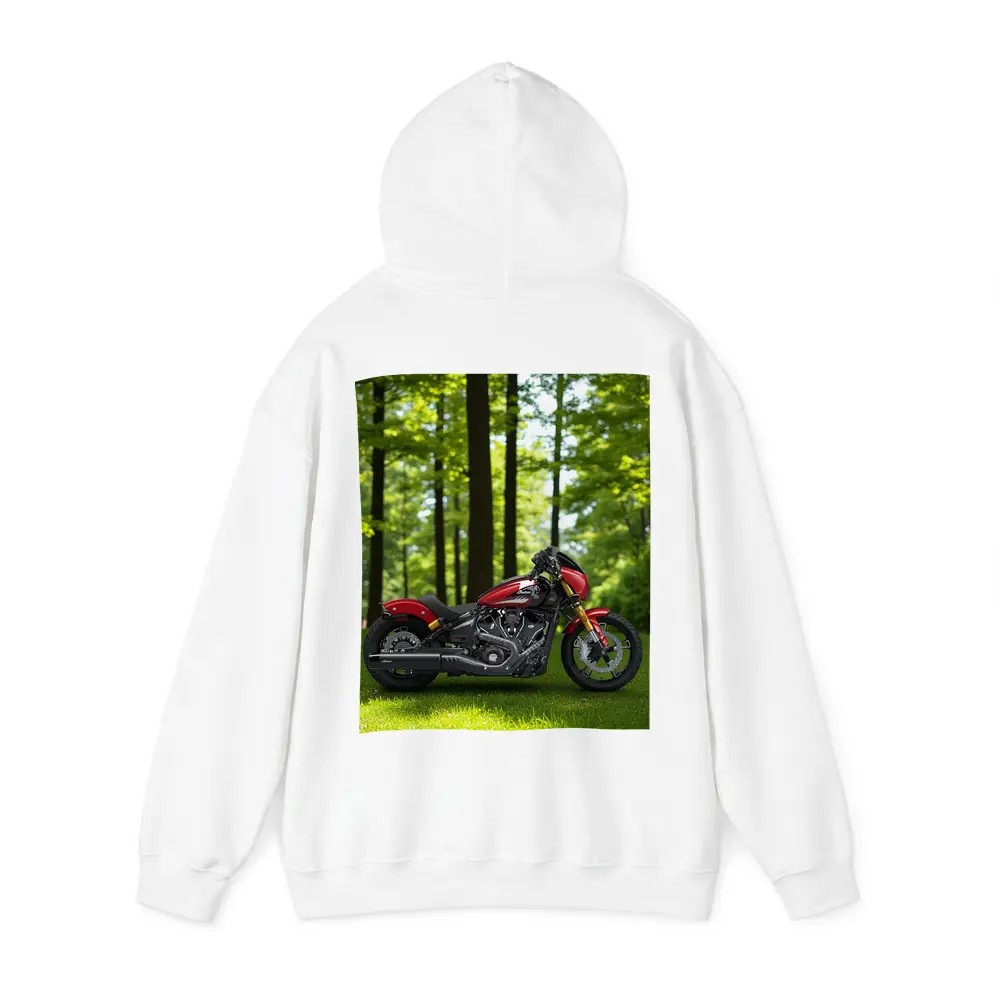 Red Indian Motorcycle Parked Among Green Trees – Hoodies