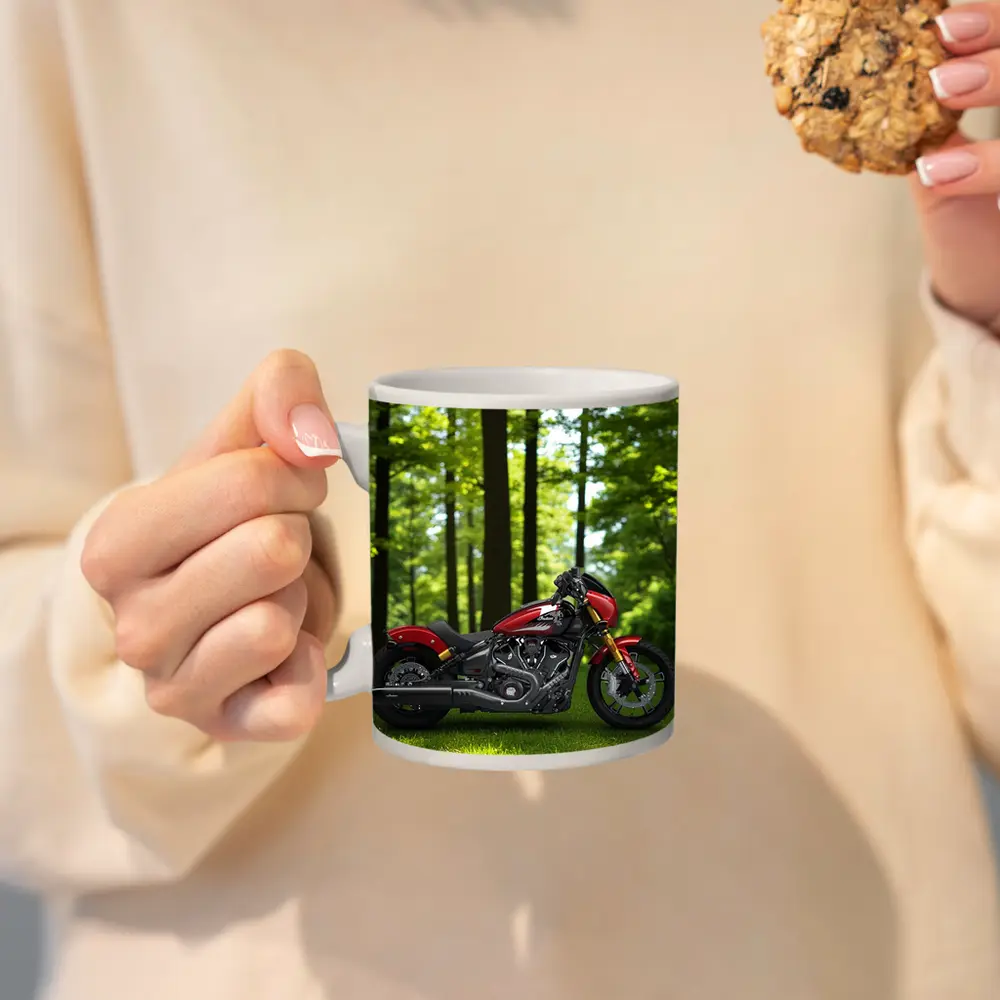 Red Indian Motorcycle Parked Among Green Trees – Mugs