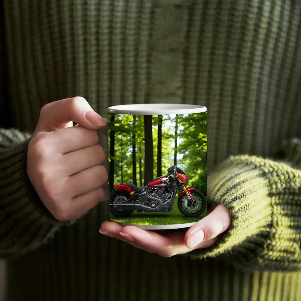 Red Indian Motorcycle Parked Among Green Trees – Mugs