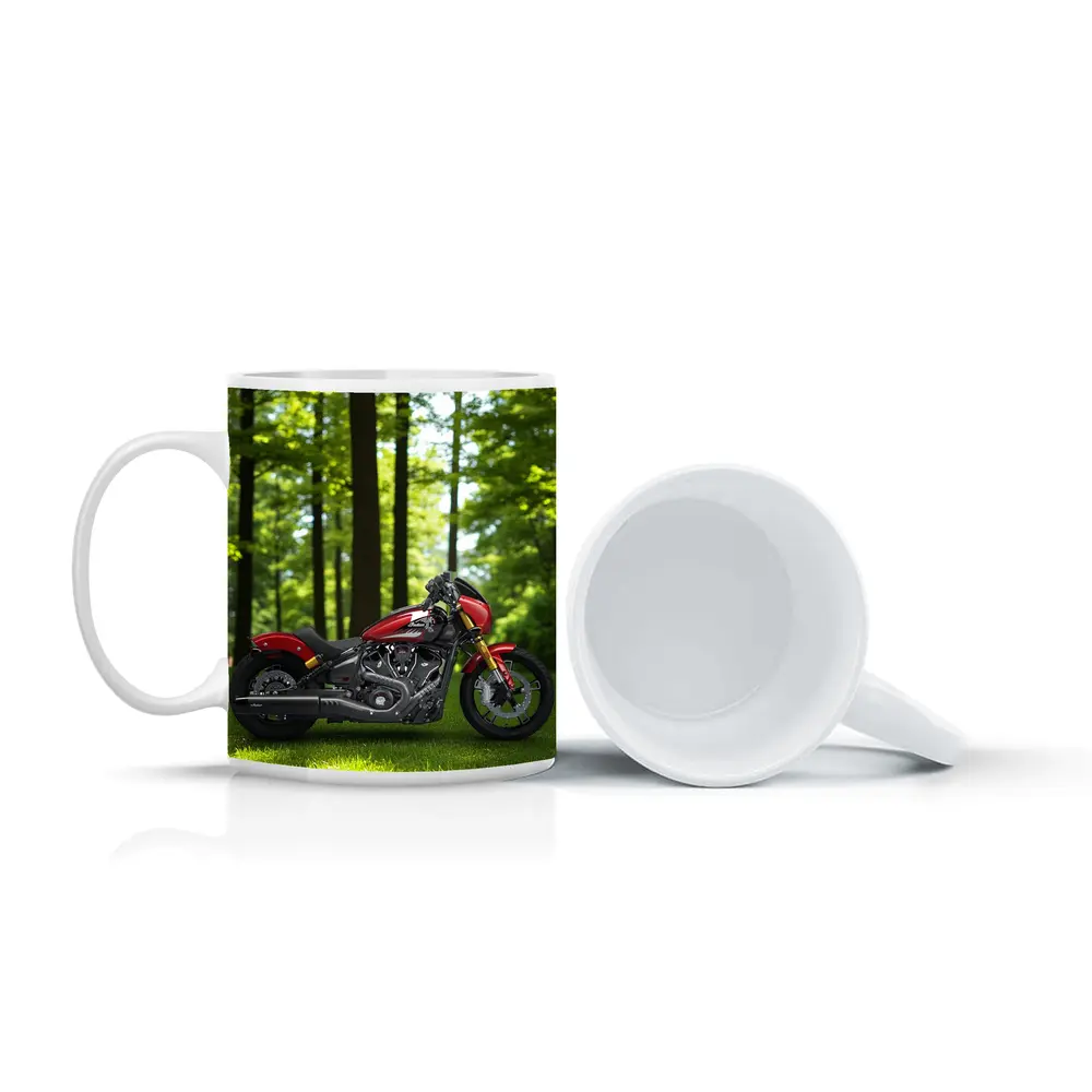 Red Indian Motorcycle Parked Among Green Trees – Mugs