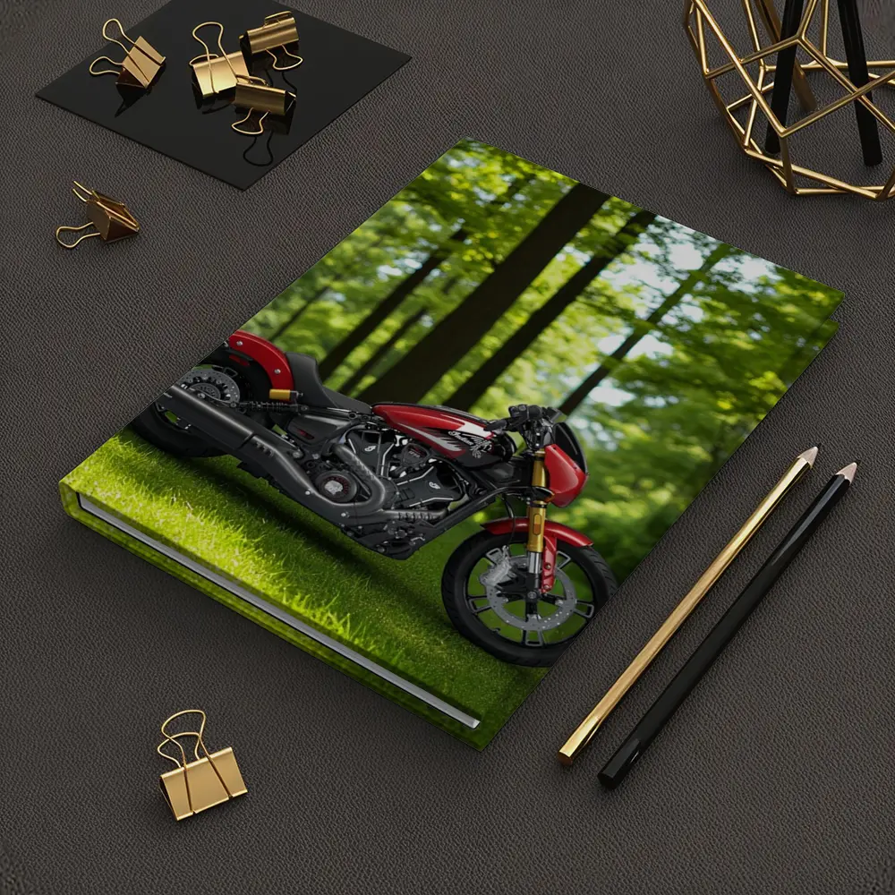 Red Indian Motorcycle Parked Among Green Trees – Notebooks