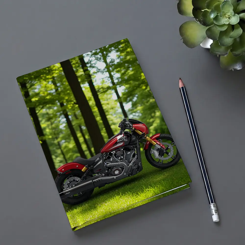 Red Indian Motorcycle Parked Among Green Trees – Notebooks