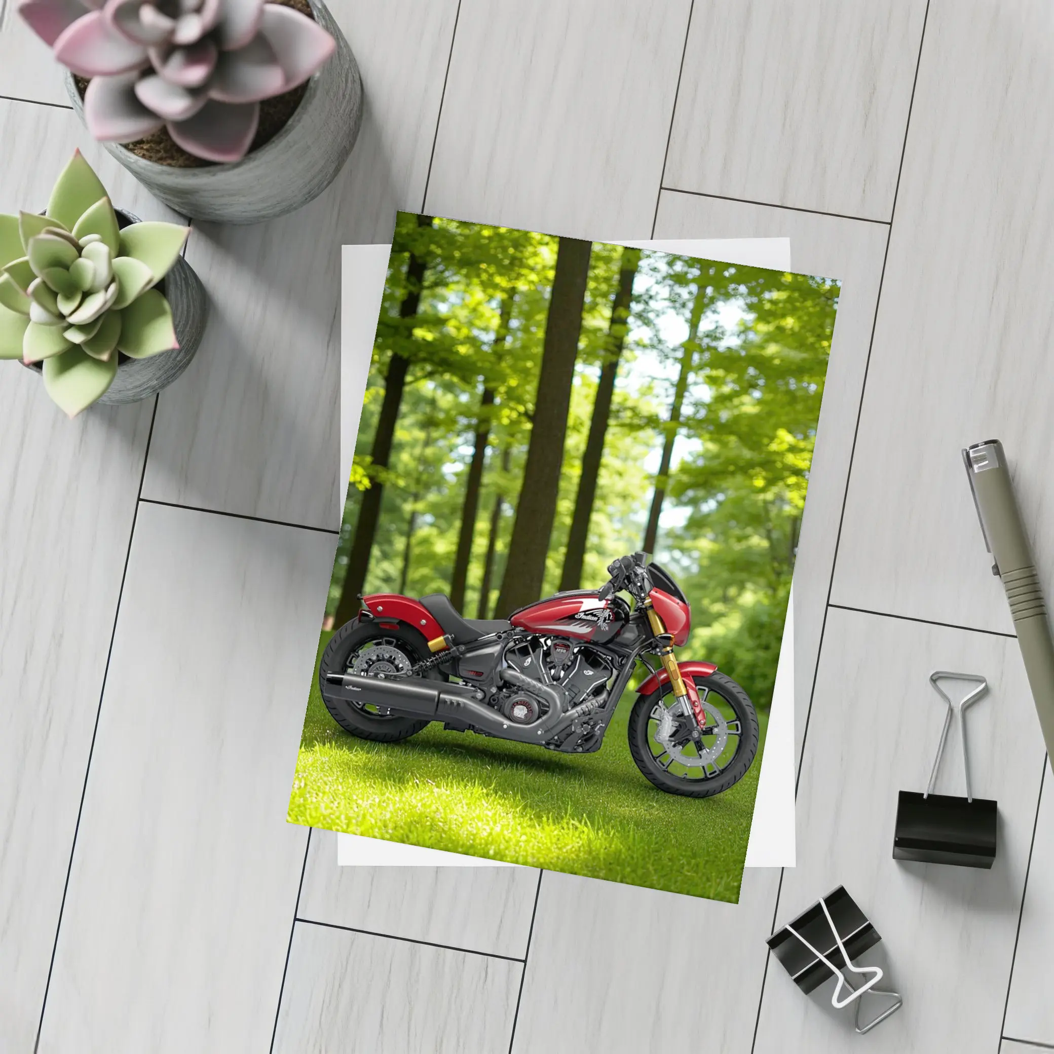 Red Indian Motorcycle Parked Among Green Trees – Postcards