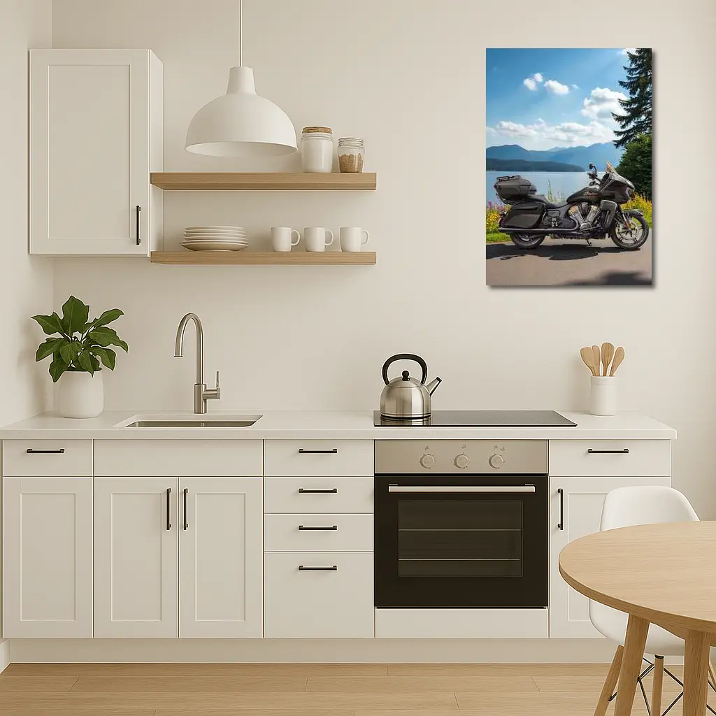 Indian Motorcycle Lakeside Mountain Landscape – Wall Art