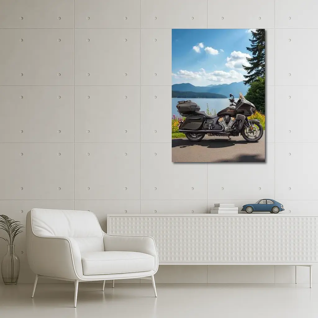 Indian Motorcycle Lakeside Mountain Landscape – Wall Art