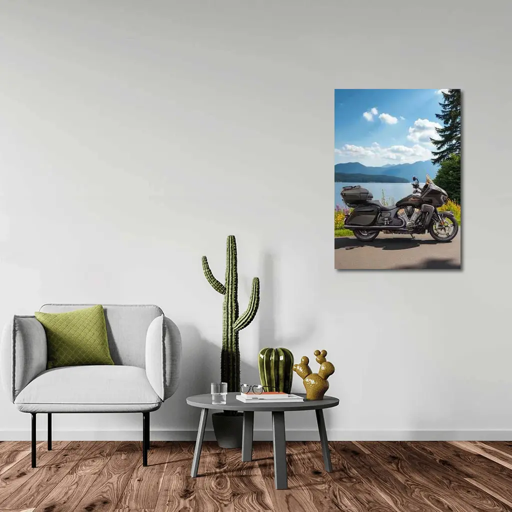 Indian Motorcycle Lakeside Mountain Landscape – Wall Art