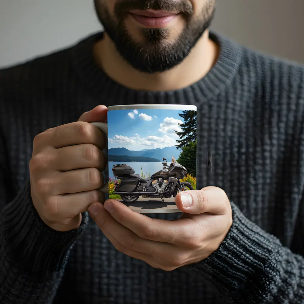 Indian Motorcycle Lakeside Mountain Landscape – Mugs