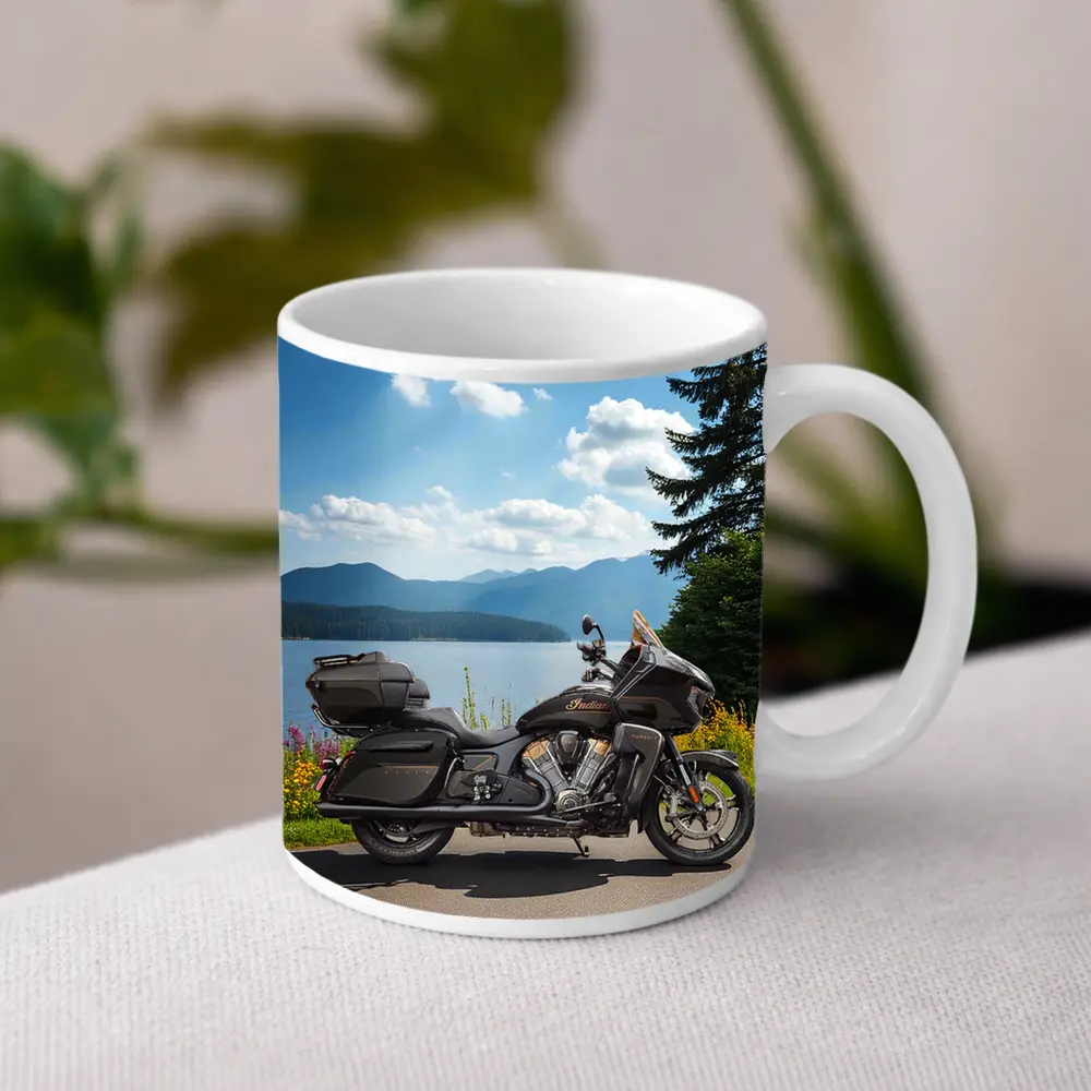 Indian Motorcycle Lakeside Mountain Landscape – Mugs