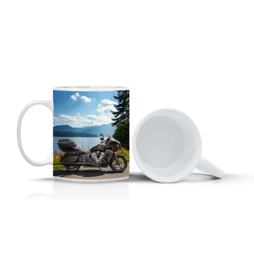 Indian Motorcycle Lakeside Mountain Landscape – Mugs