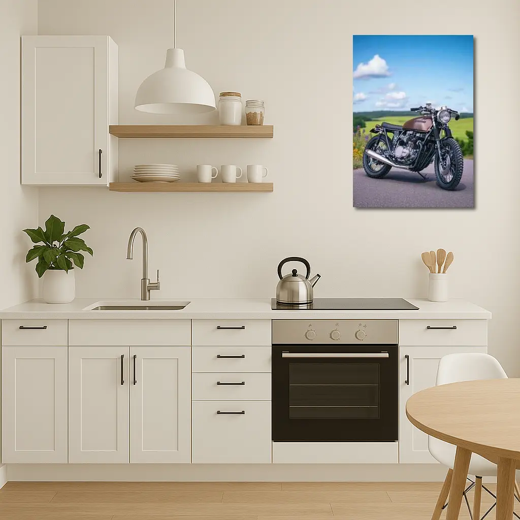 Custom Cafe Racer Motorcycle Green Countryside Road – Wall Art