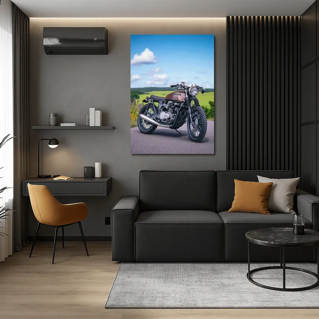 Custom Cafe Racer Motorcycle Green Countryside Road – Wall Art