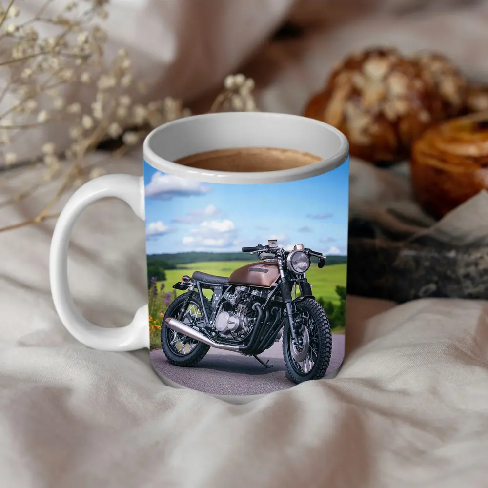 Custom Cafe Racer Motorcycle Green Countryside Road – Mugs
