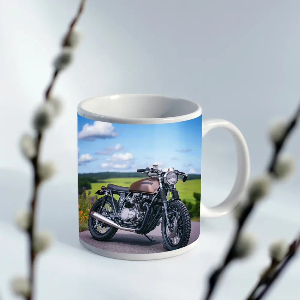 Custom Cafe Racer Motorcycle Green Countryside Road – Mugs