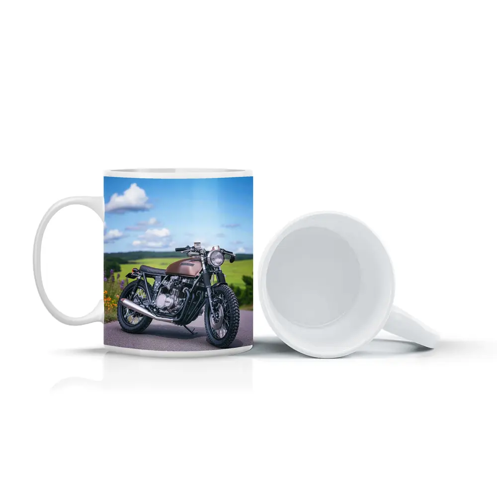 Custom Cafe Racer Motorcycle Green Countryside Road – Mugs