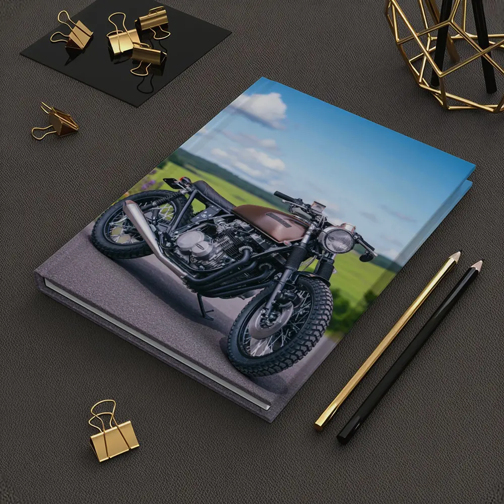 Custom Cafe Racer Motorcycle Green Countryside Road – Notebooks