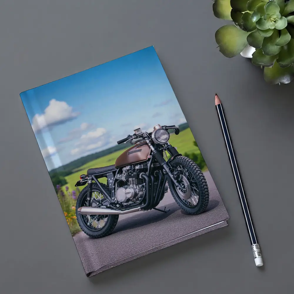 Custom Cafe Racer Motorcycle Green Countryside Road – Notebooks