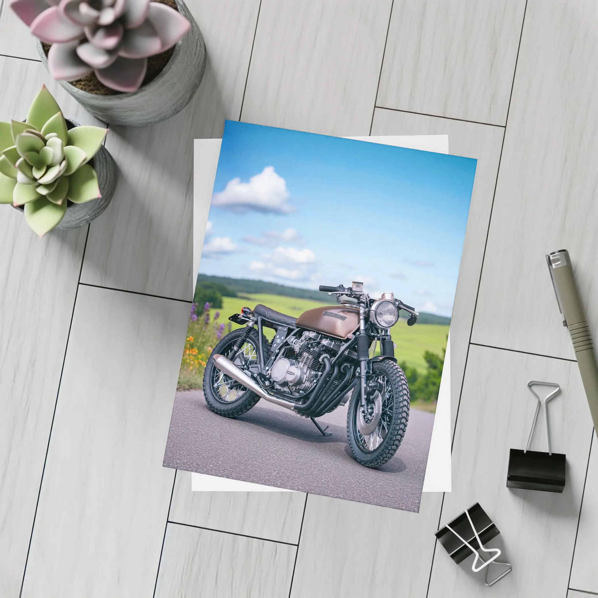 Custom Cafe Racer Motorcycle Green Countryside Road – Postcards