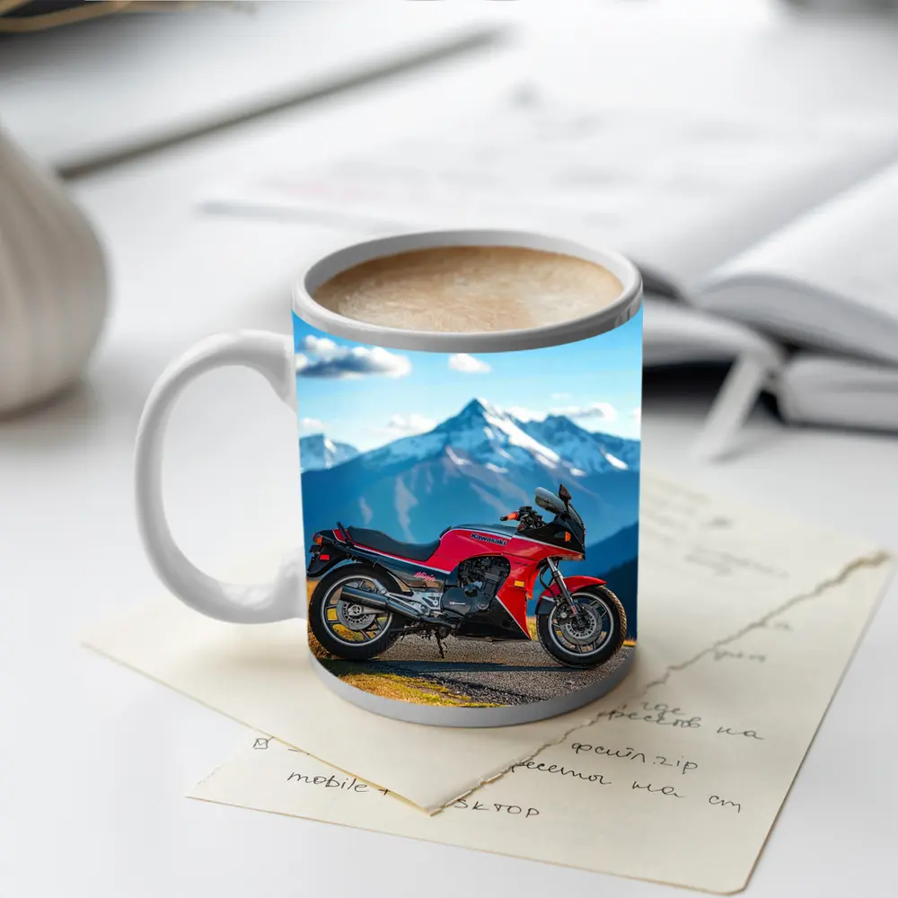 Kawasaki Sport Bike Red Mountain Backdrop – Mugs