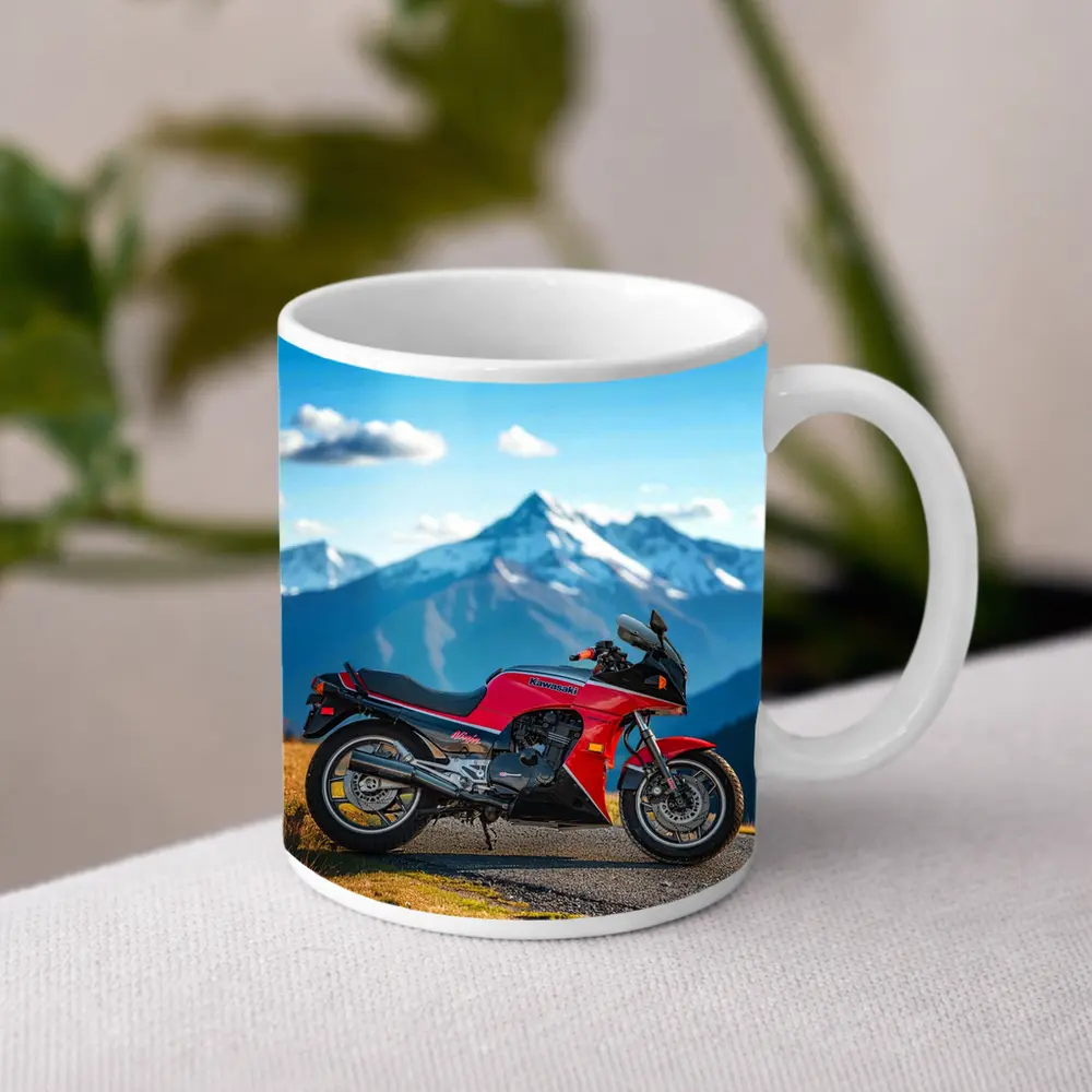 Kawasaki Sport Bike Red Mountain Backdrop – Mugs