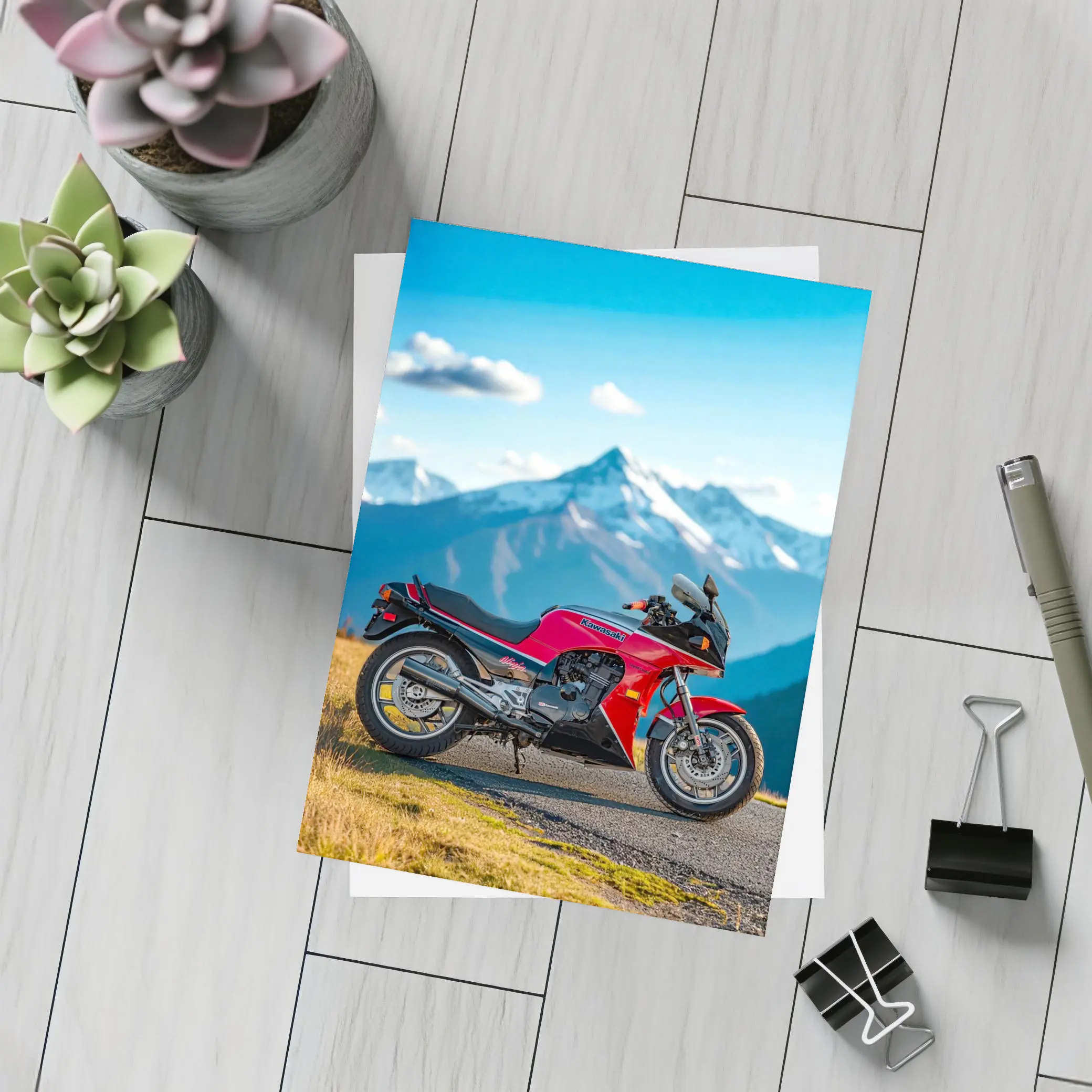 Kawasaki Sport Bike Red Mountain Backdrop – Postcards