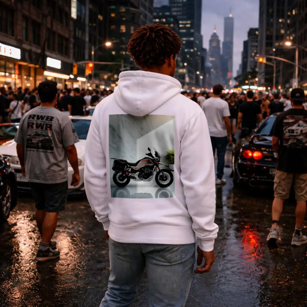Moto Guzzi Adventure Motorcycle White Studio Setting – Hoodies