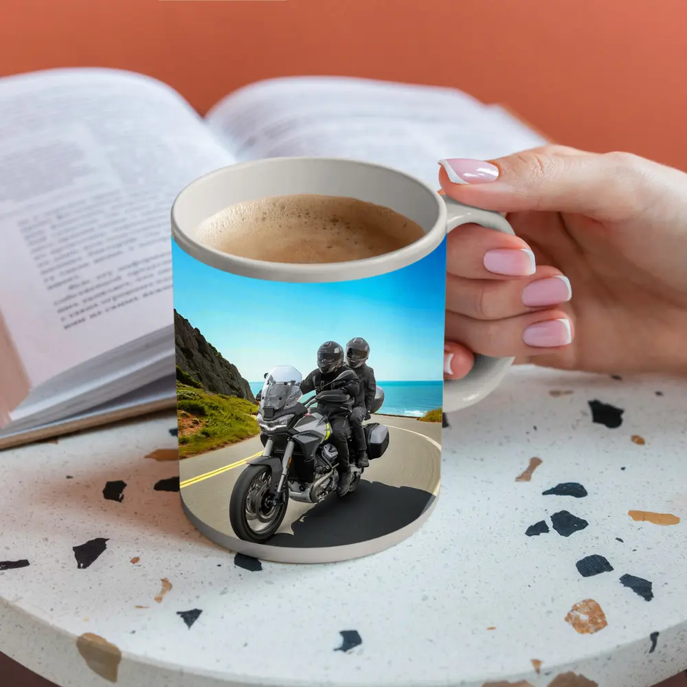 Adventure Motorcycle Duo Riding Coastal Road – Mugs