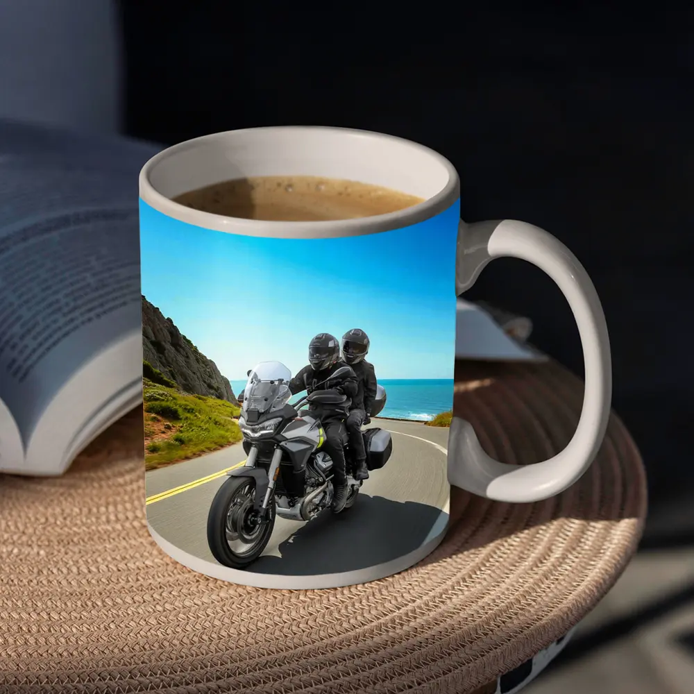 Adventure Motorcycle Duo Riding Coastal Road – Mugs