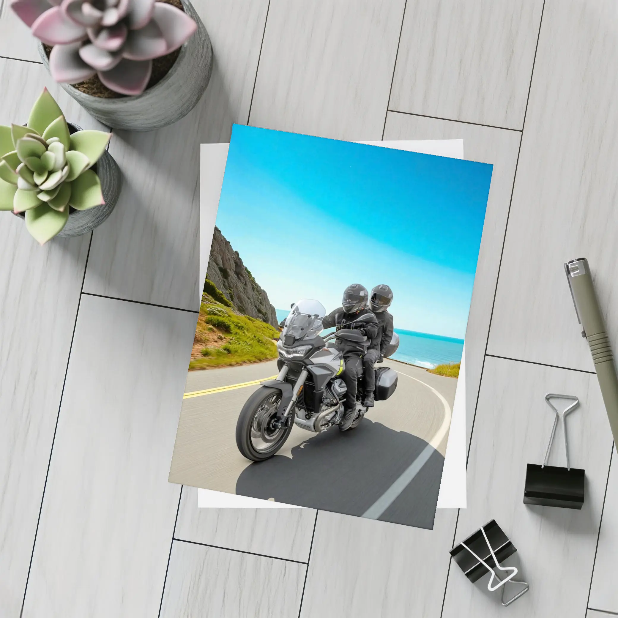 Adventure Motorcycle Duo Riding Coastal Road – Postcards