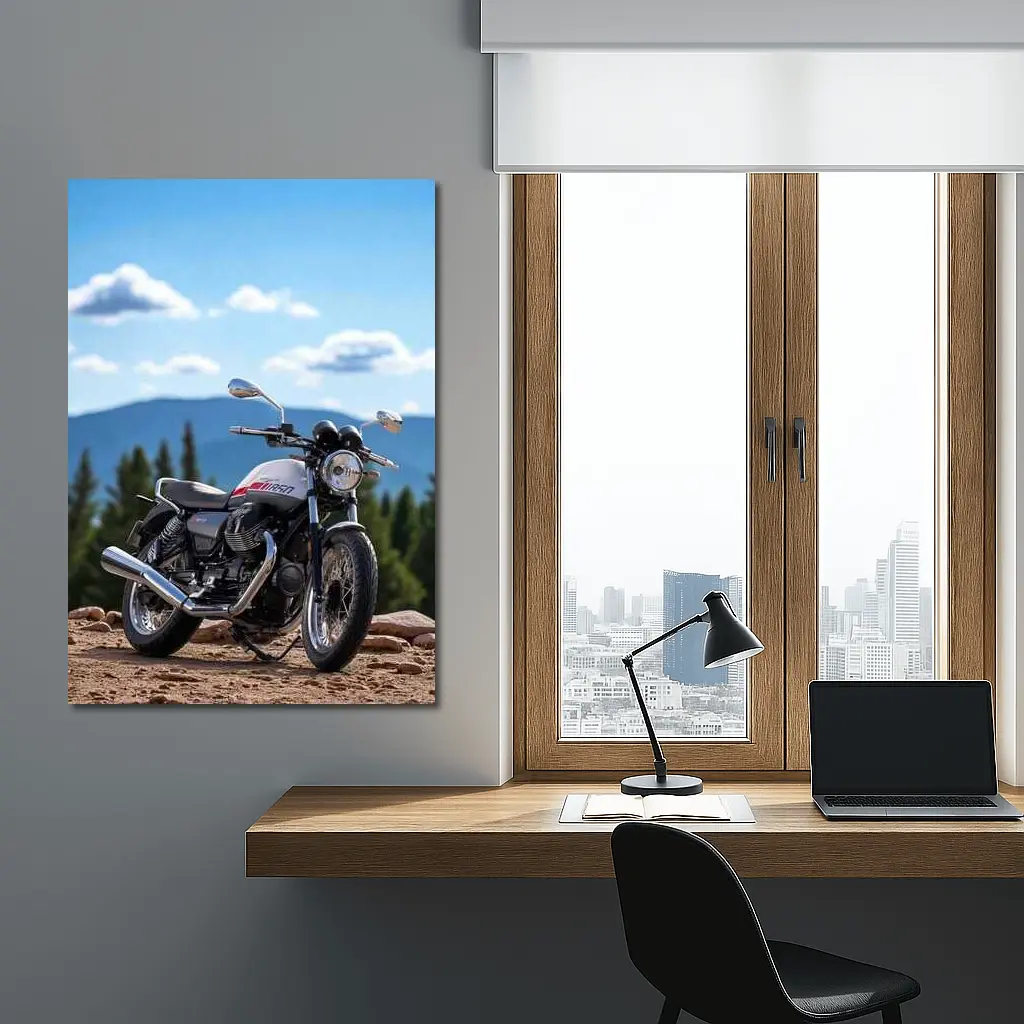 Moto Guzzi V7 Motorcycle Mountain Landscape – Wall Art