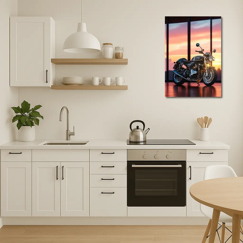 Norton Motorcycle Parked Against Sunset Sky – Wall Art