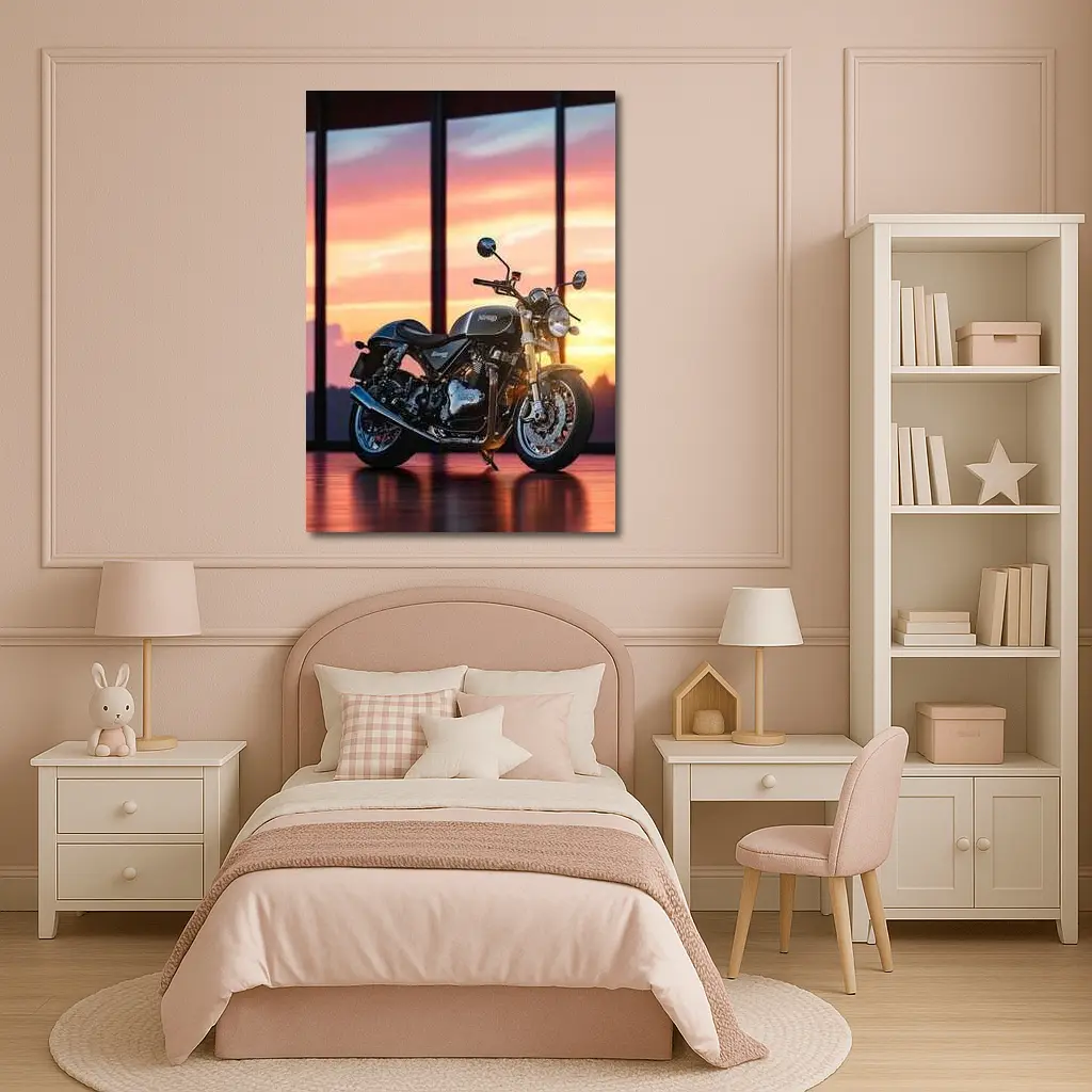 Norton Motorcycle Parked Against Sunset Sky – Wall Art