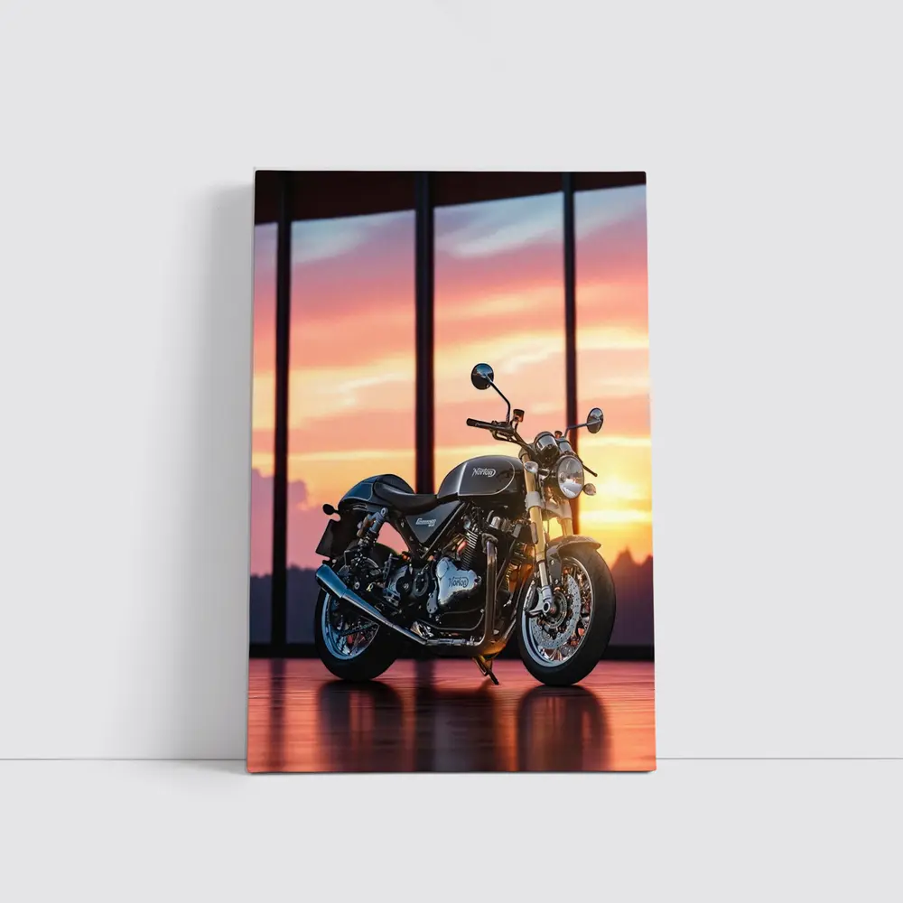 Norton Motorcycle Parked Against Sunset Sky – Wall Art