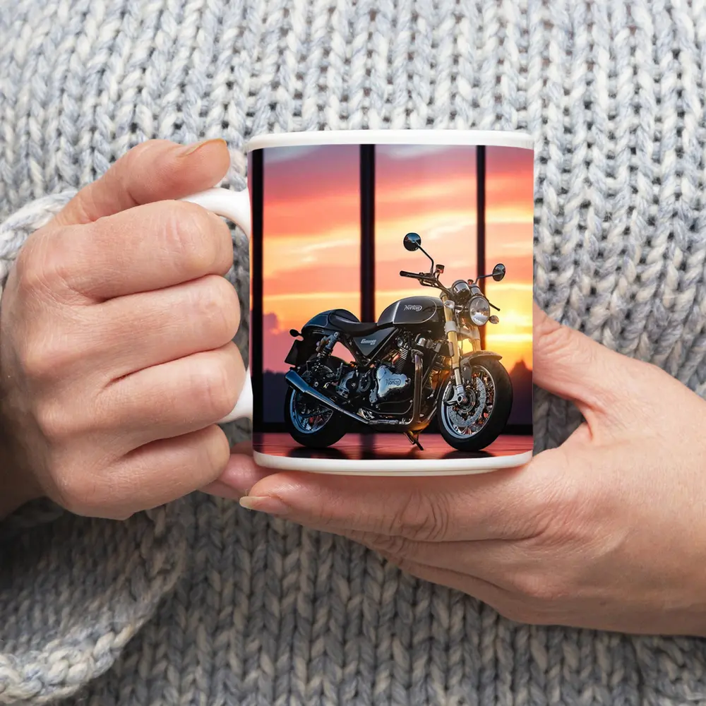 Norton Motorcycle Parked Against Sunset Sky – Mugs