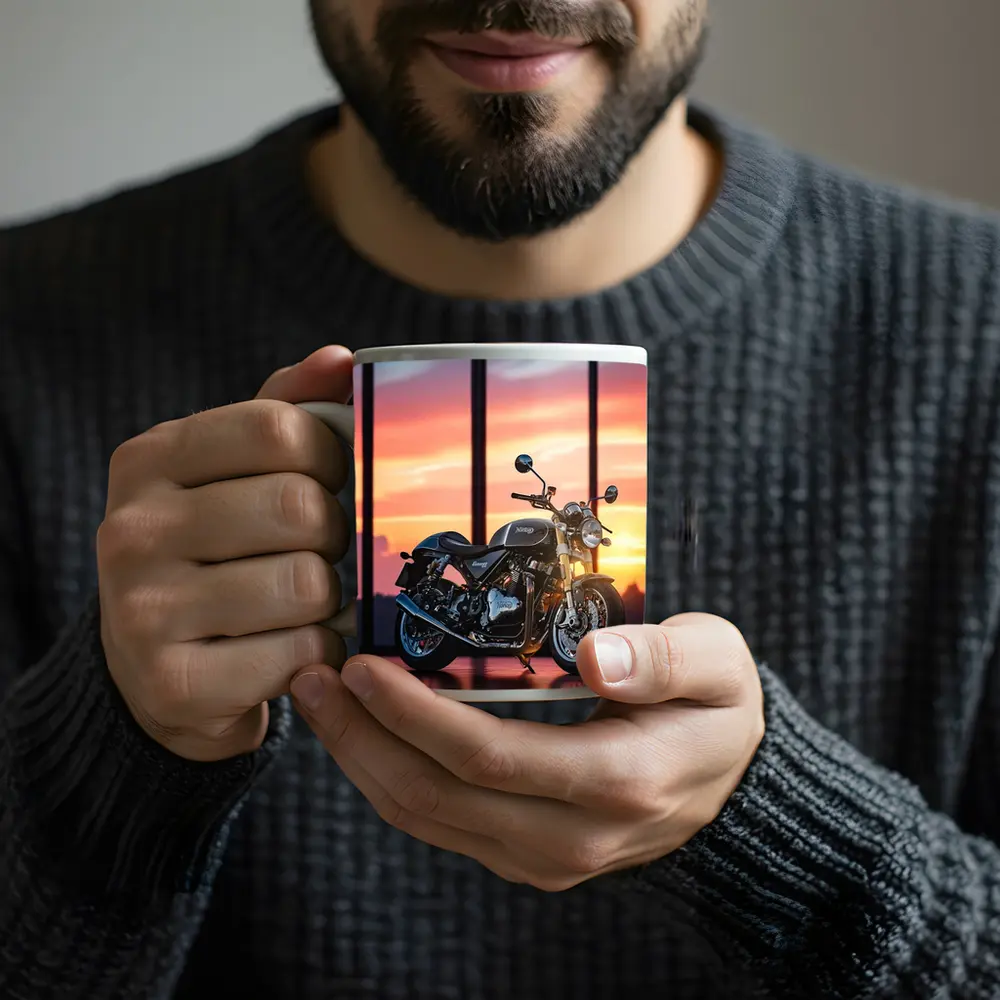 Norton Motorcycle Parked Against Sunset Sky – Mugs