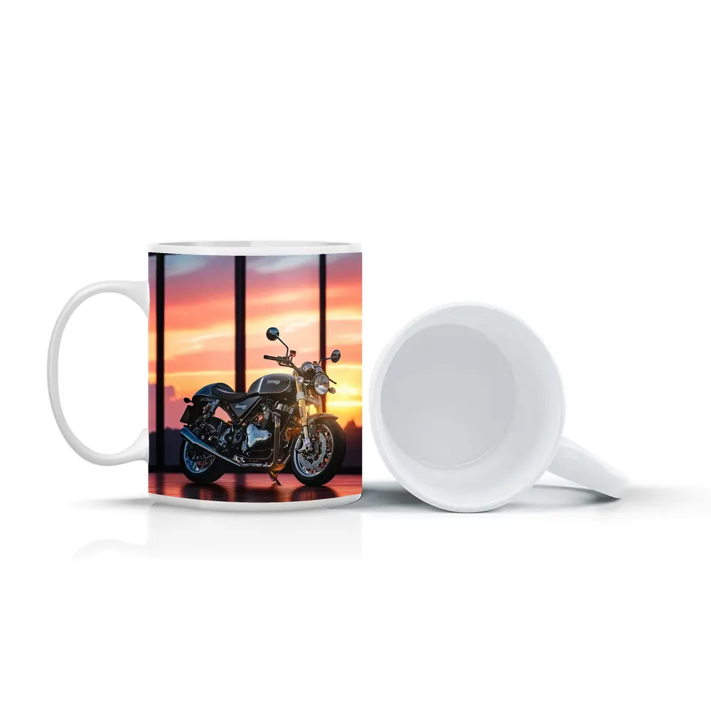 Norton Motorcycle Parked Against Sunset Sky – Mugs