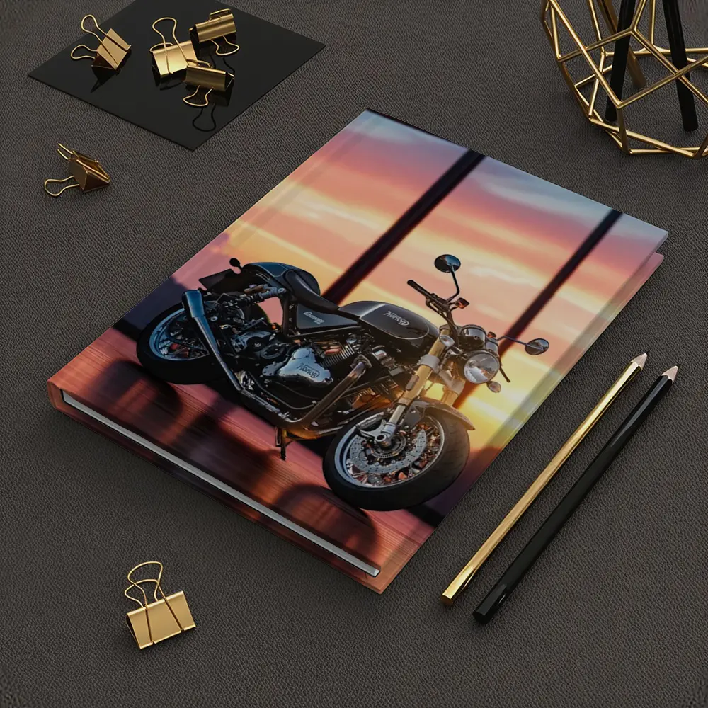 Norton Motorcycle Parked Against Sunset Sky – Notebooks