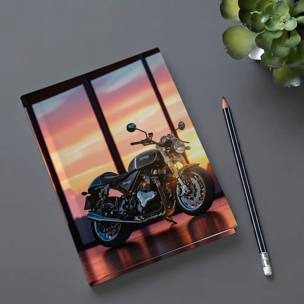 Norton Motorcycle Parked Against Sunset Sky – Notebooks