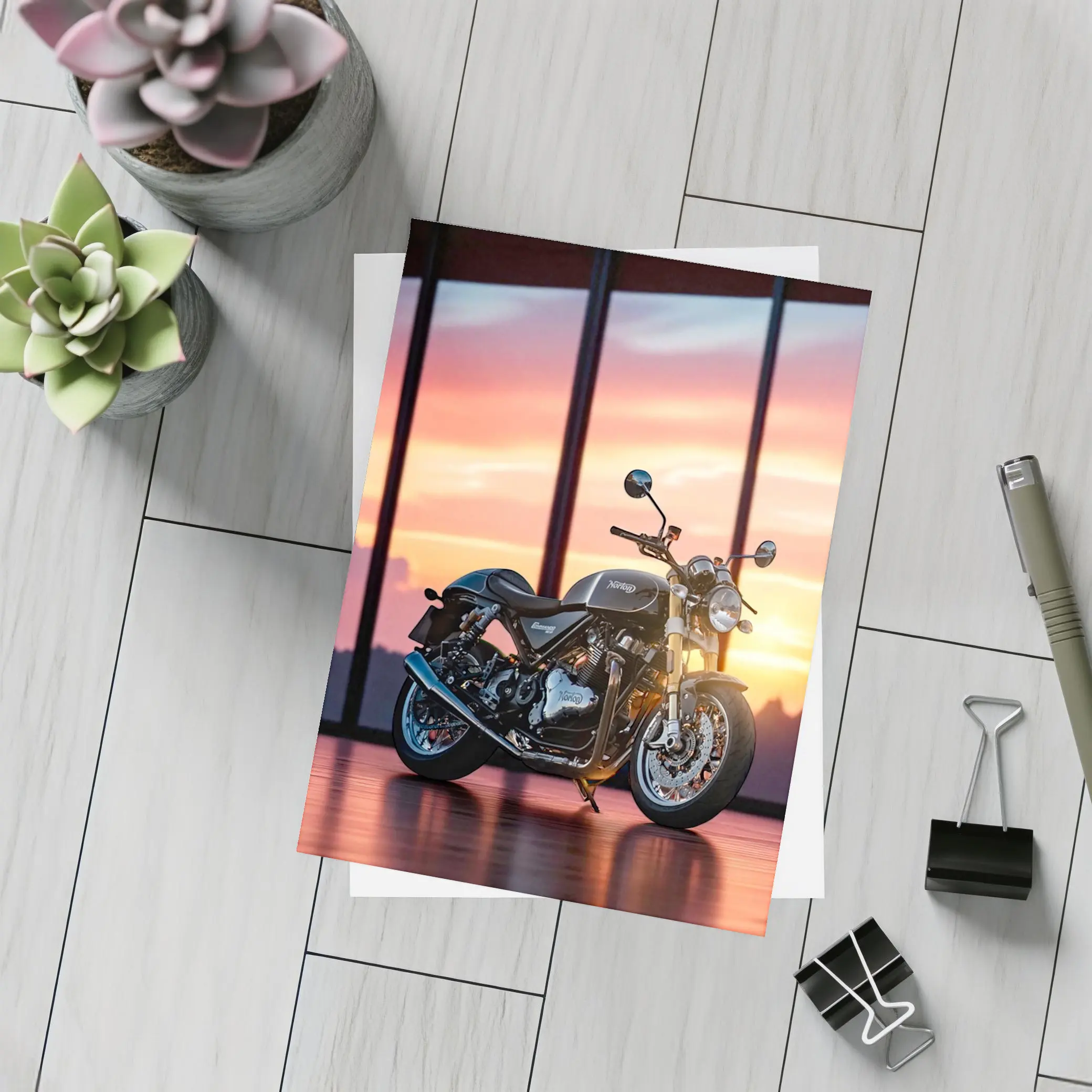 Norton Motorcycle Parked Against Sunset Sky – Postcards