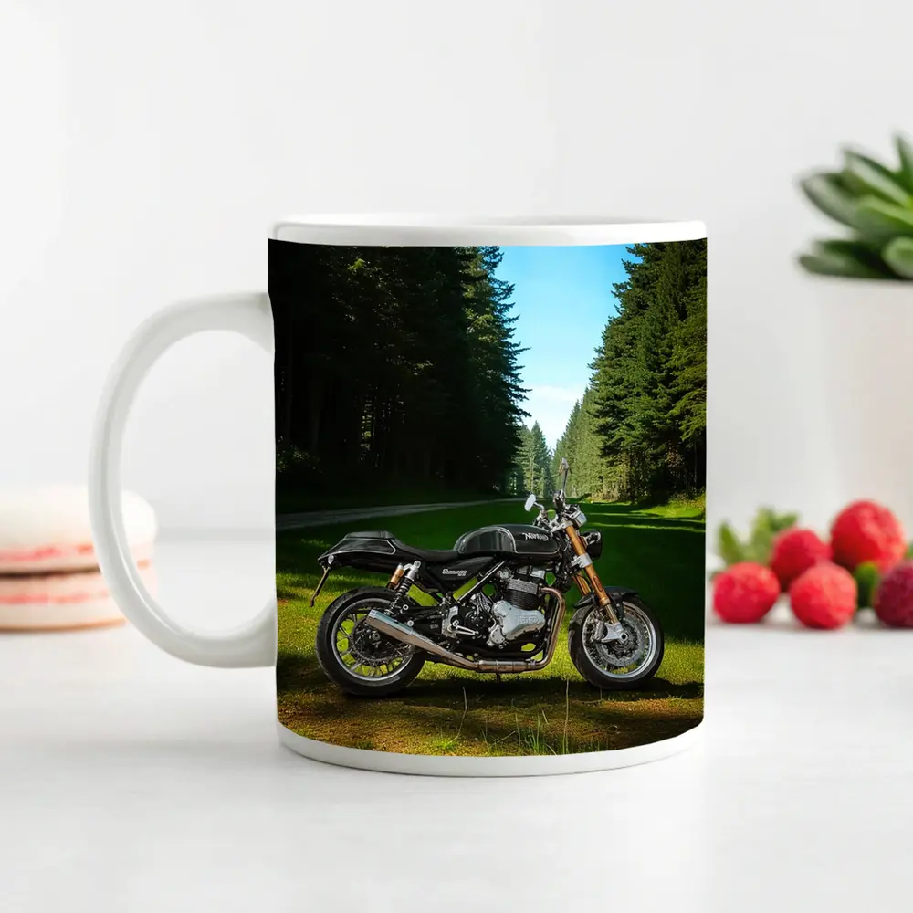 Norton Commando Motorcycle Forest Road Setting – Mugs