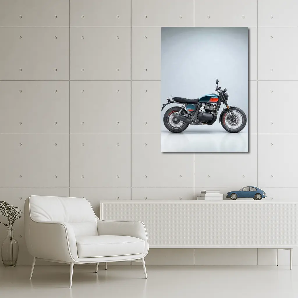 Royal Enfield Scrambler Motorcycle Blue Gray Background – Wall Art