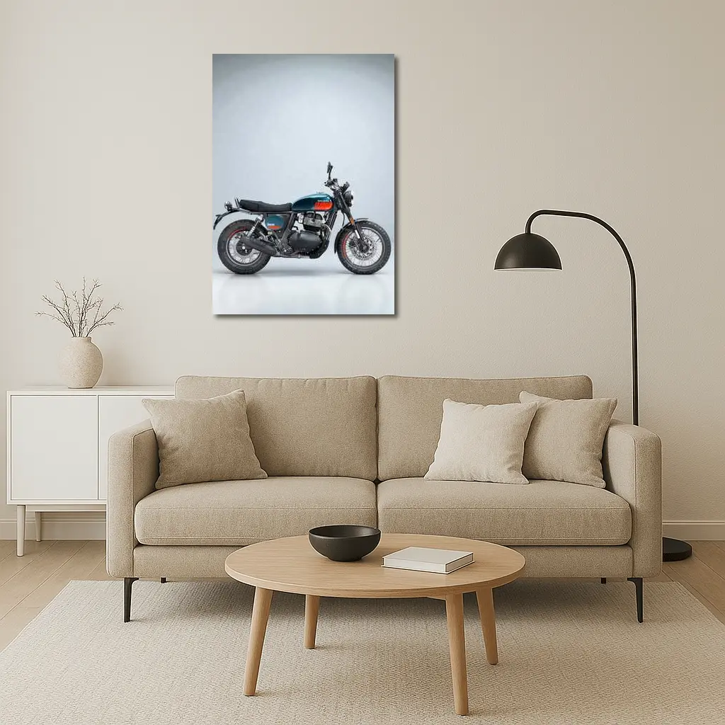 Royal Enfield Scrambler Motorcycle Blue Gray Background – Wall Art