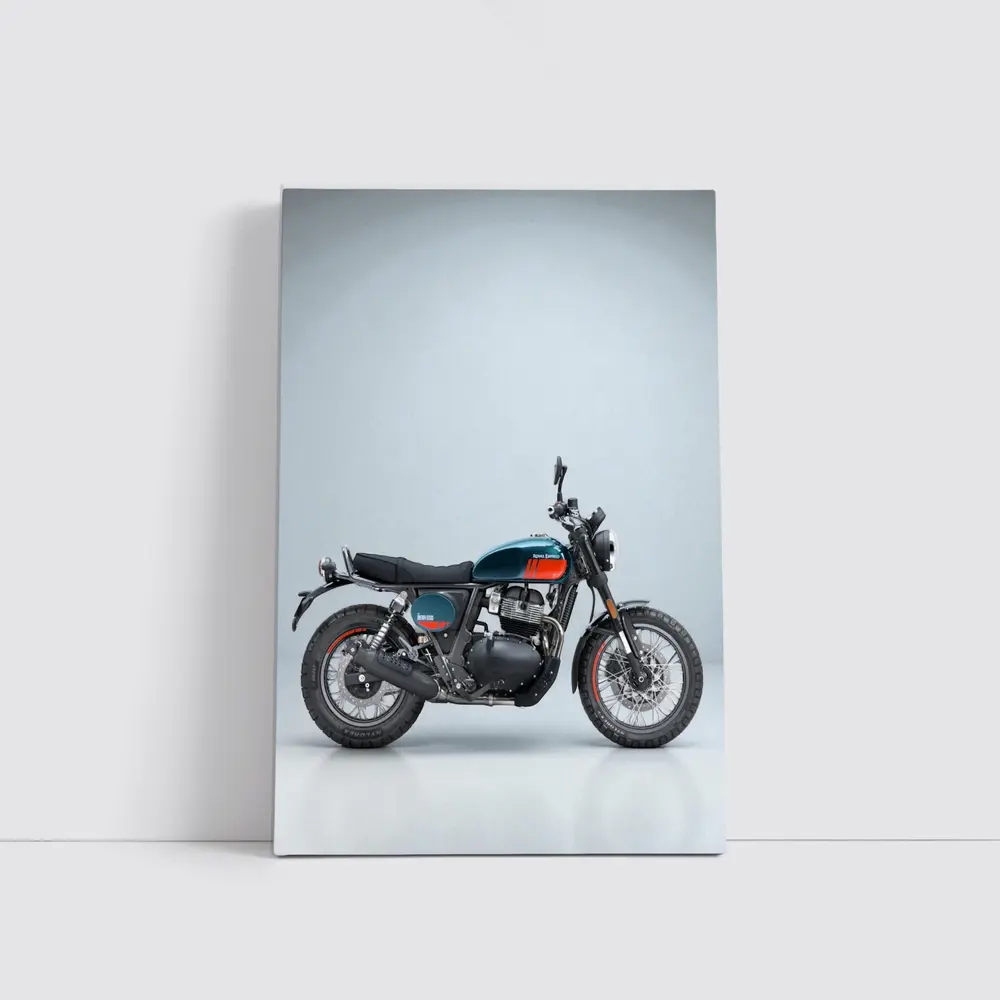 Royal Enfield Scrambler Motorcycle Blue Gray Background – Wall Art