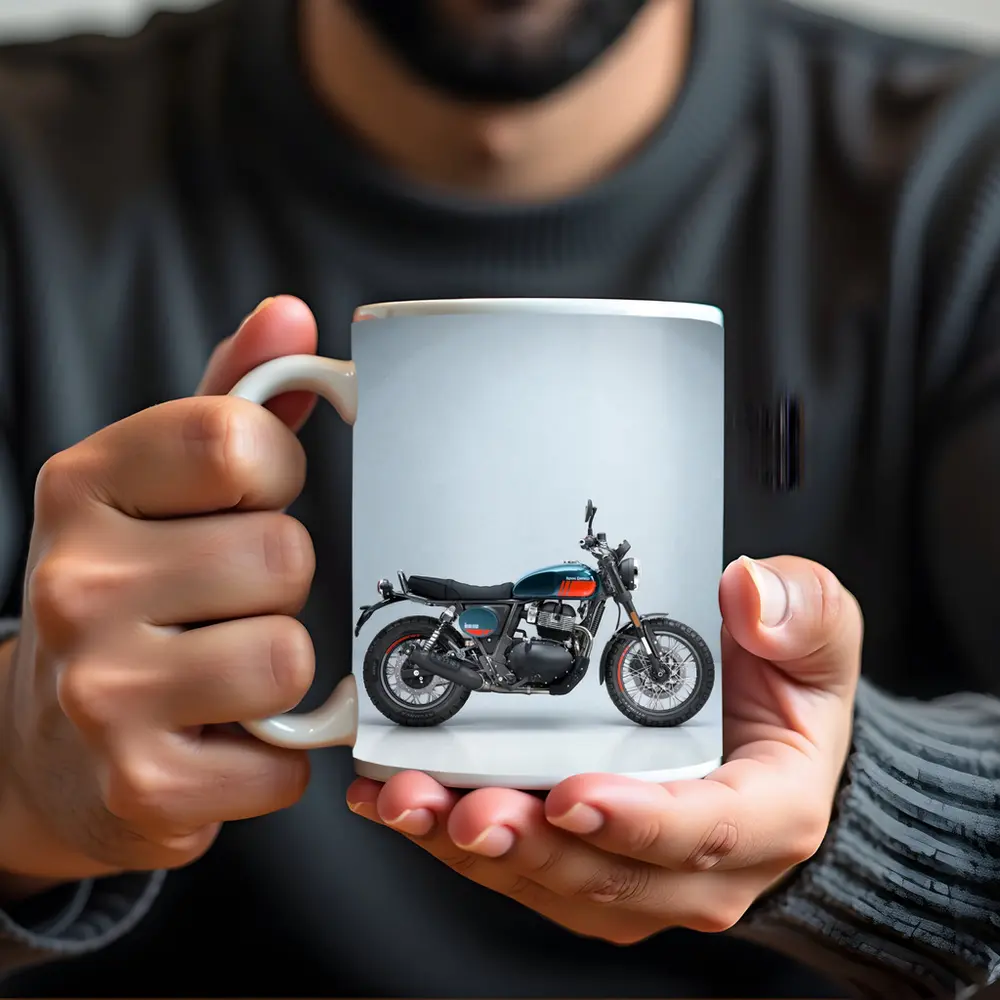 Royal Enfield Scrambler Motorcycle Blue Gray Background – Mugs
