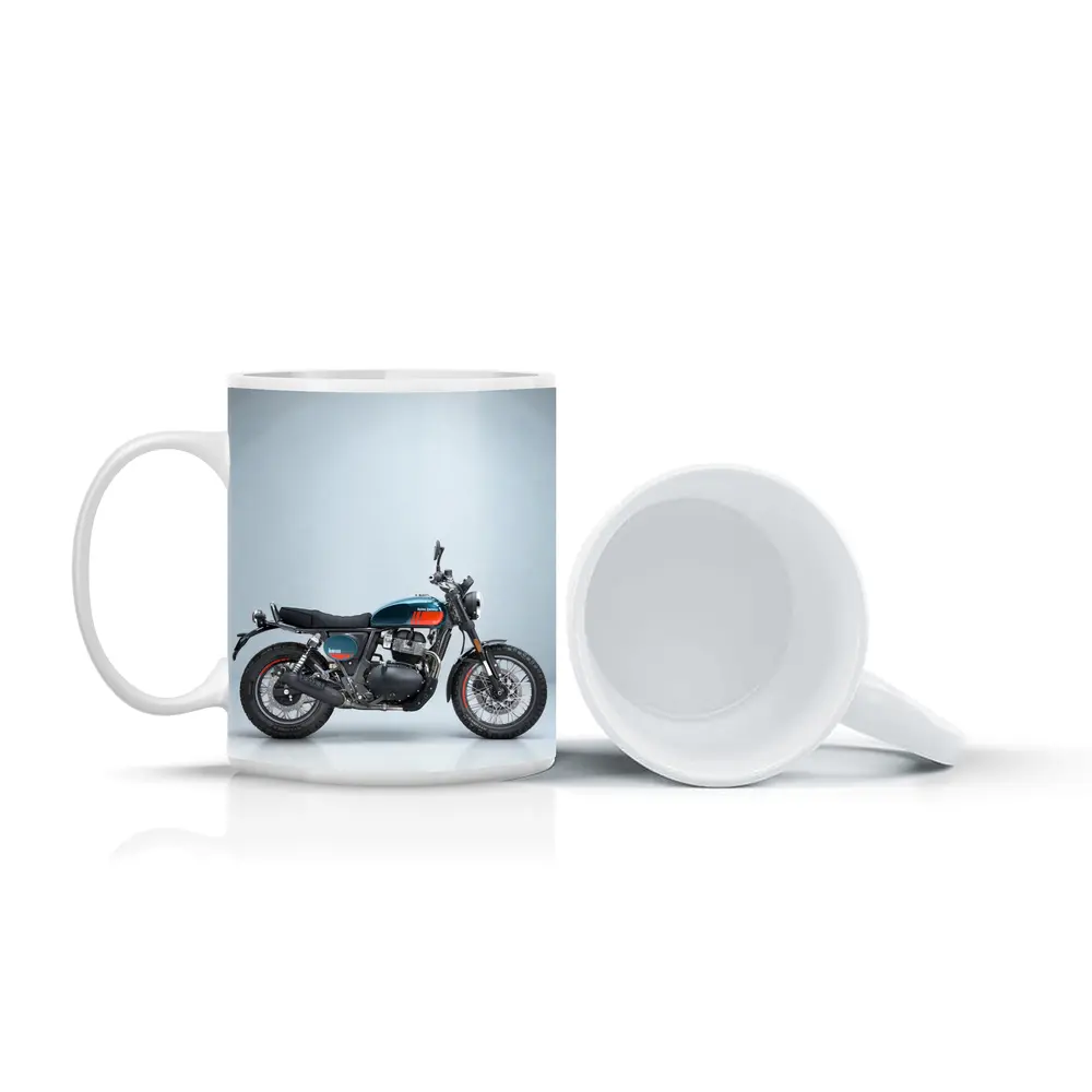 Royal Enfield Scrambler Motorcycle Blue Gray Background – Mugs